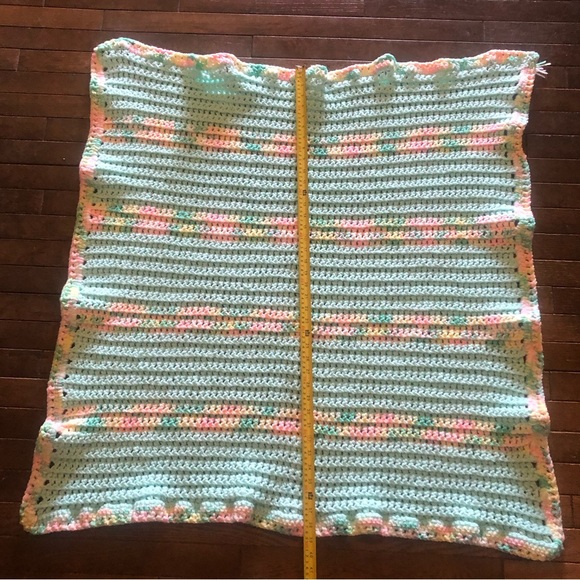 Handmade Baby Blanket Green with Yellow & Pink Accents 96” X 100” approximately - Picture 5 of 6